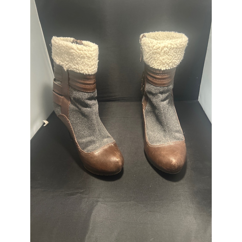 Elle Womens Brown Grey Faux Leatherโ Shearling Trim Buckle Ankle Boots Size 7